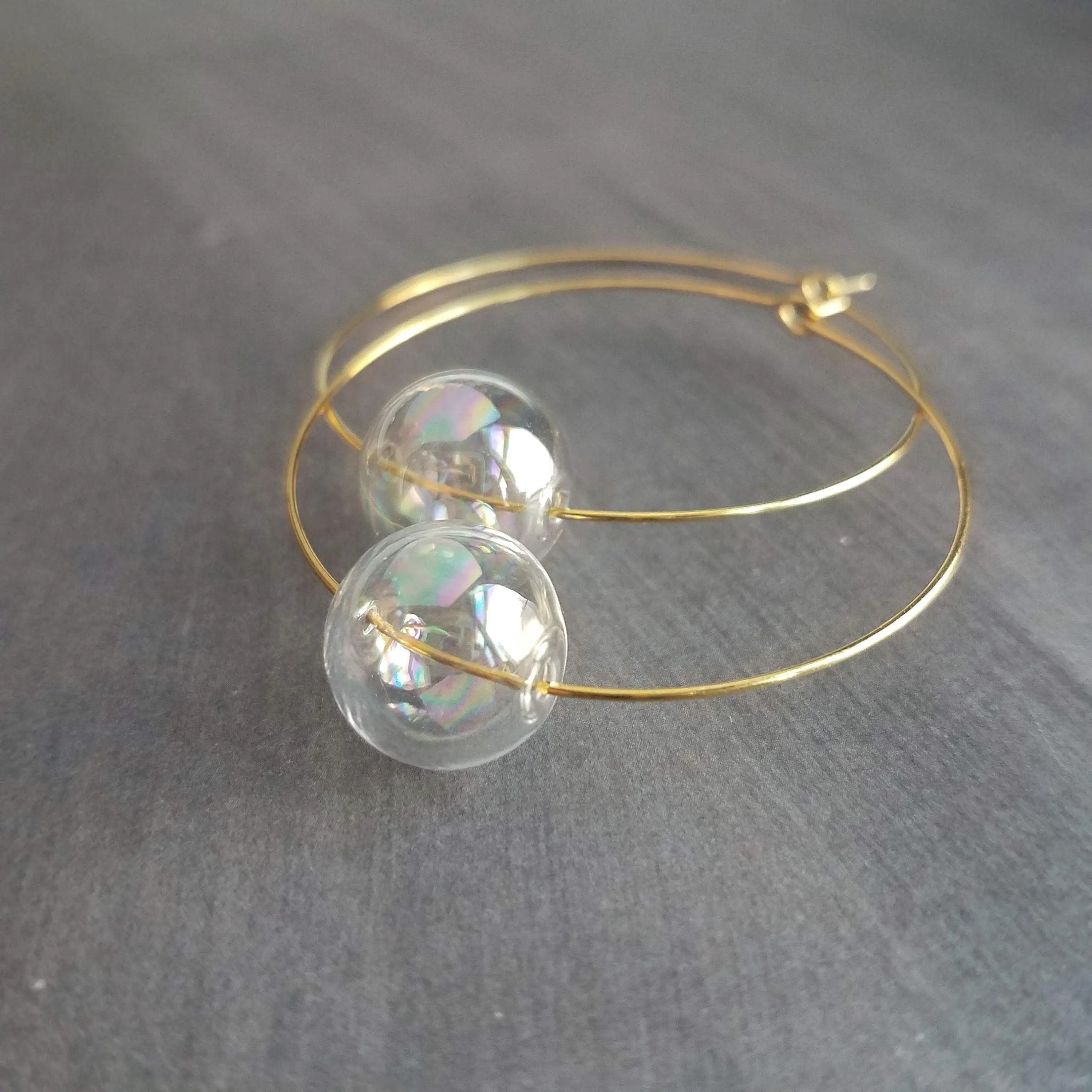 Bubble Hoop Earrings, clear bubble earring, soap earring, clear glass ball, large gold hoop earring, thin gold hoop, hollow glass ball, orb