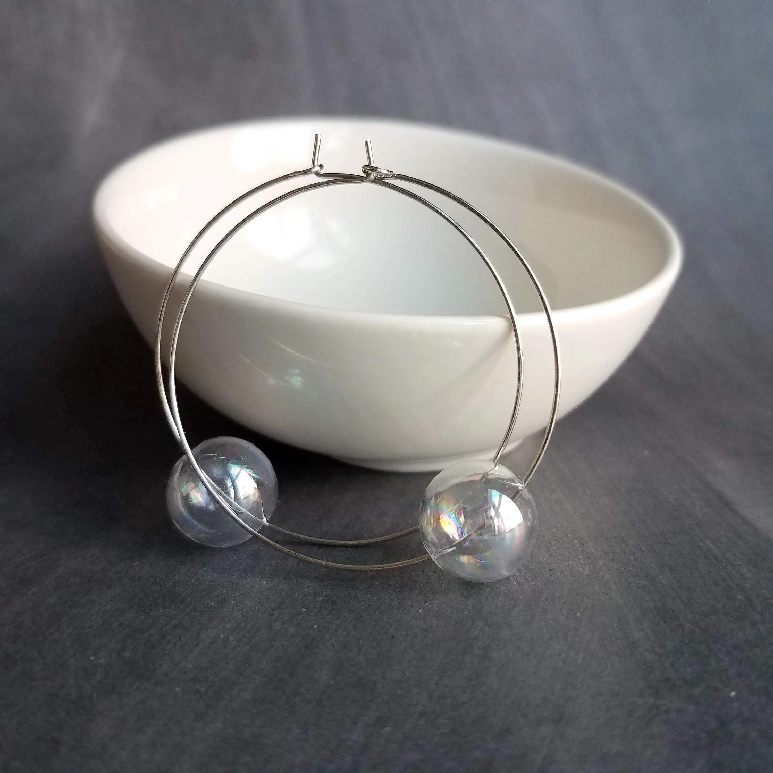 Bubble Hoop Earrings, clear bubble earring, soap earring, clear glass ball, large gold hoop earring, thin gold hoop, hollow glass ball, orb