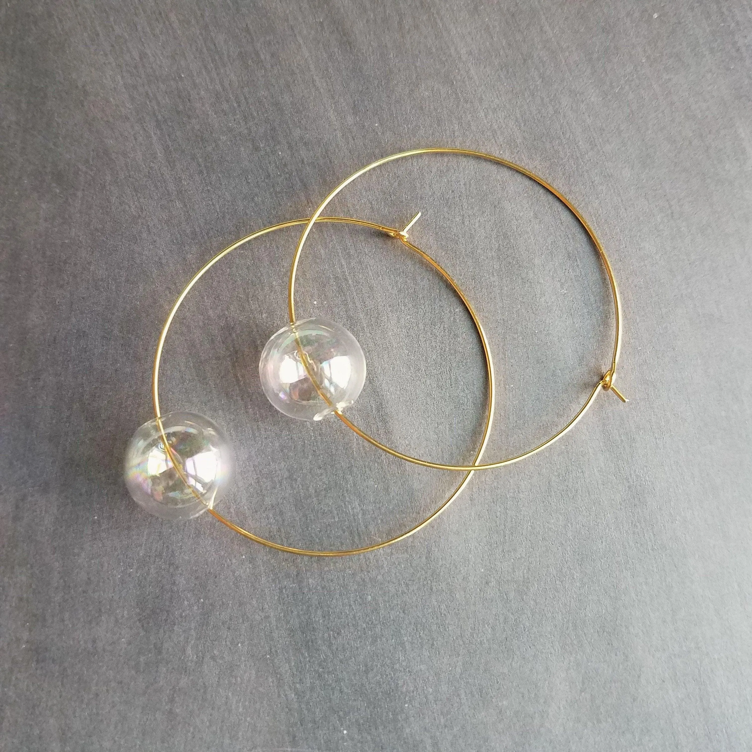 Bubble Hoop Earrings, clear bubble earring, soap earring, clear glass ball, large gold hoop earring, thin gold hoop, hollow glass ball, orb