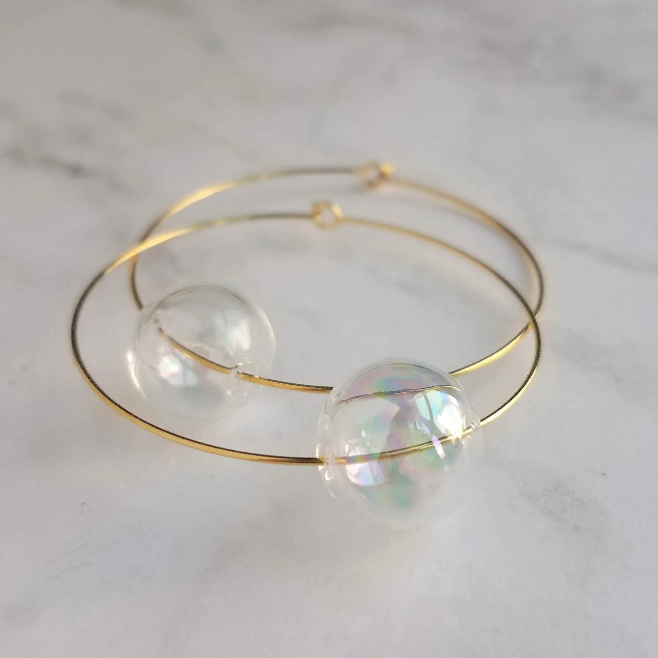Bubble Hoop Earrings, clear bubble earring, soap earring, clear glass ball, large gold hoop earring, thin gold hoop, hollow glass ball, orb