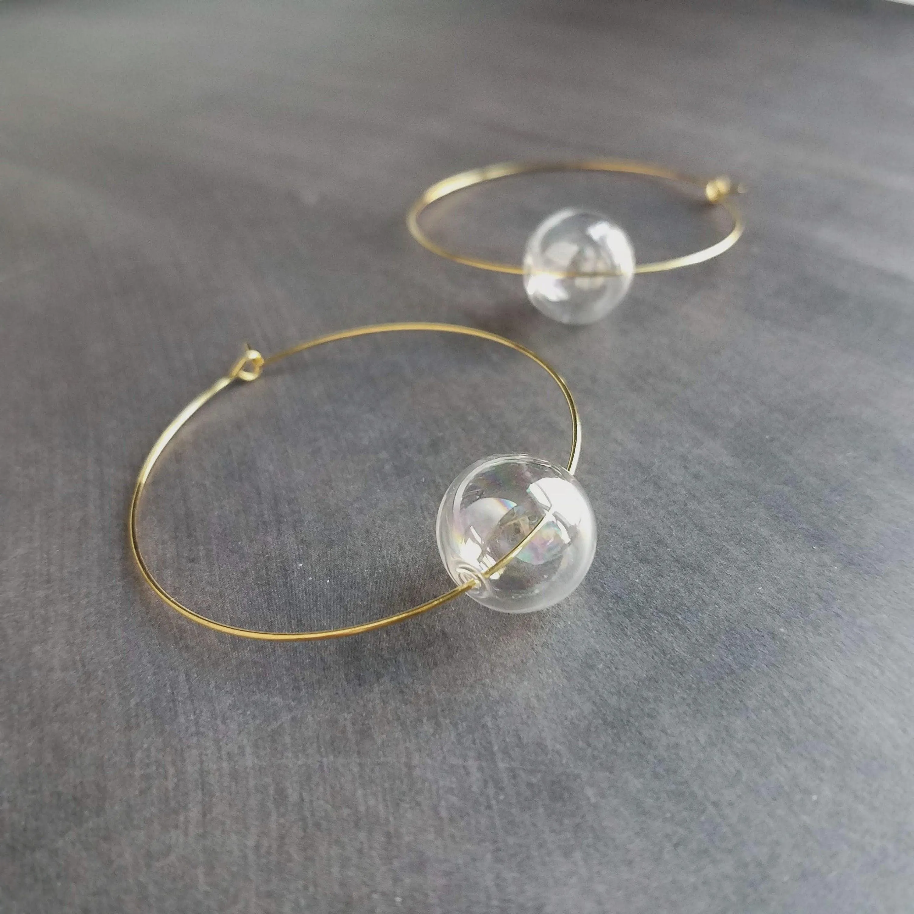 Bubble Hoop Earrings, clear bubble earring, soap earring, clear glass ball, large gold hoop earring, thin gold hoop, hollow glass ball, orb