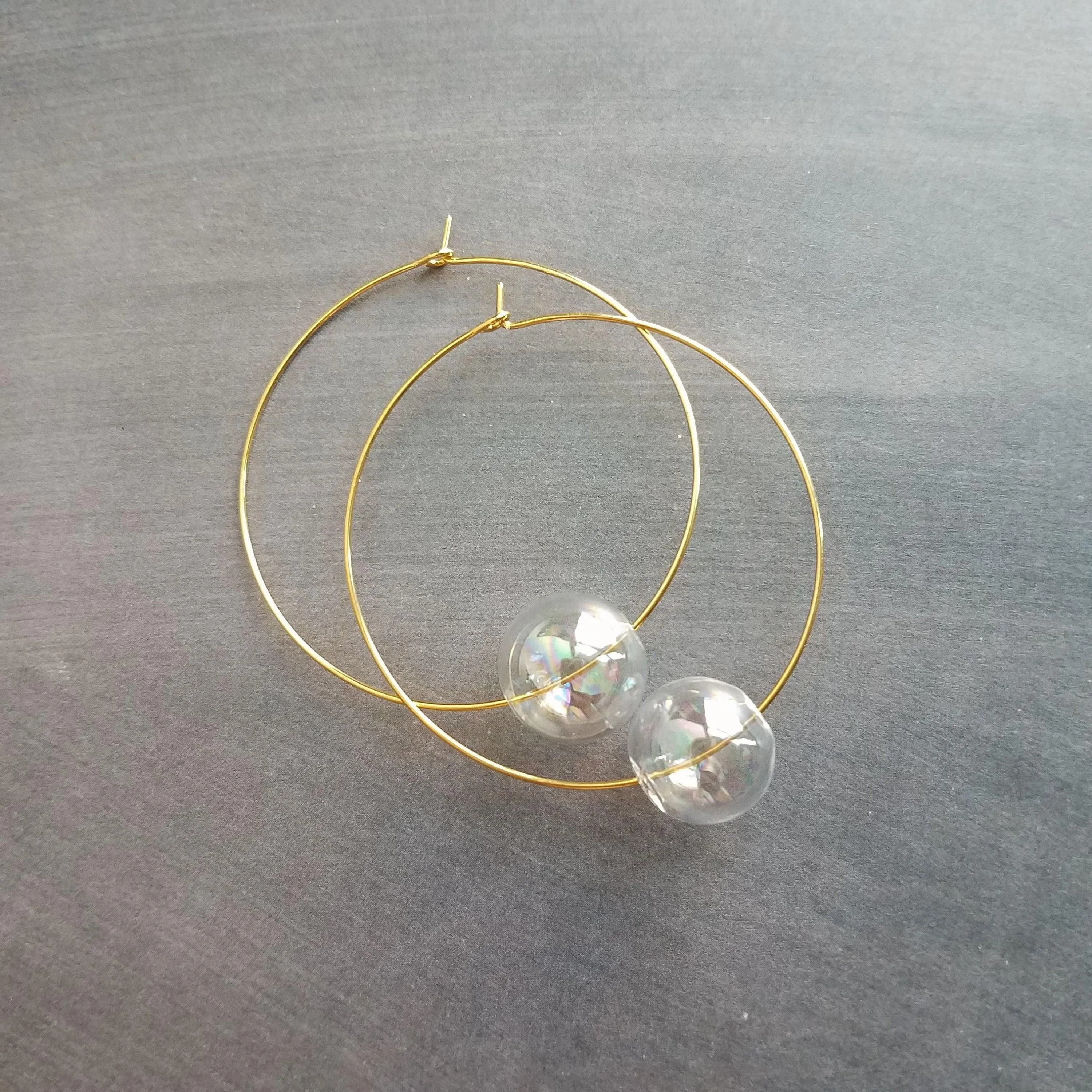 Bubble Hoop Earrings, clear bubble earring, soap earring, clear glass ball, large gold hoop earring, thin gold hoop, hollow glass ball, orb