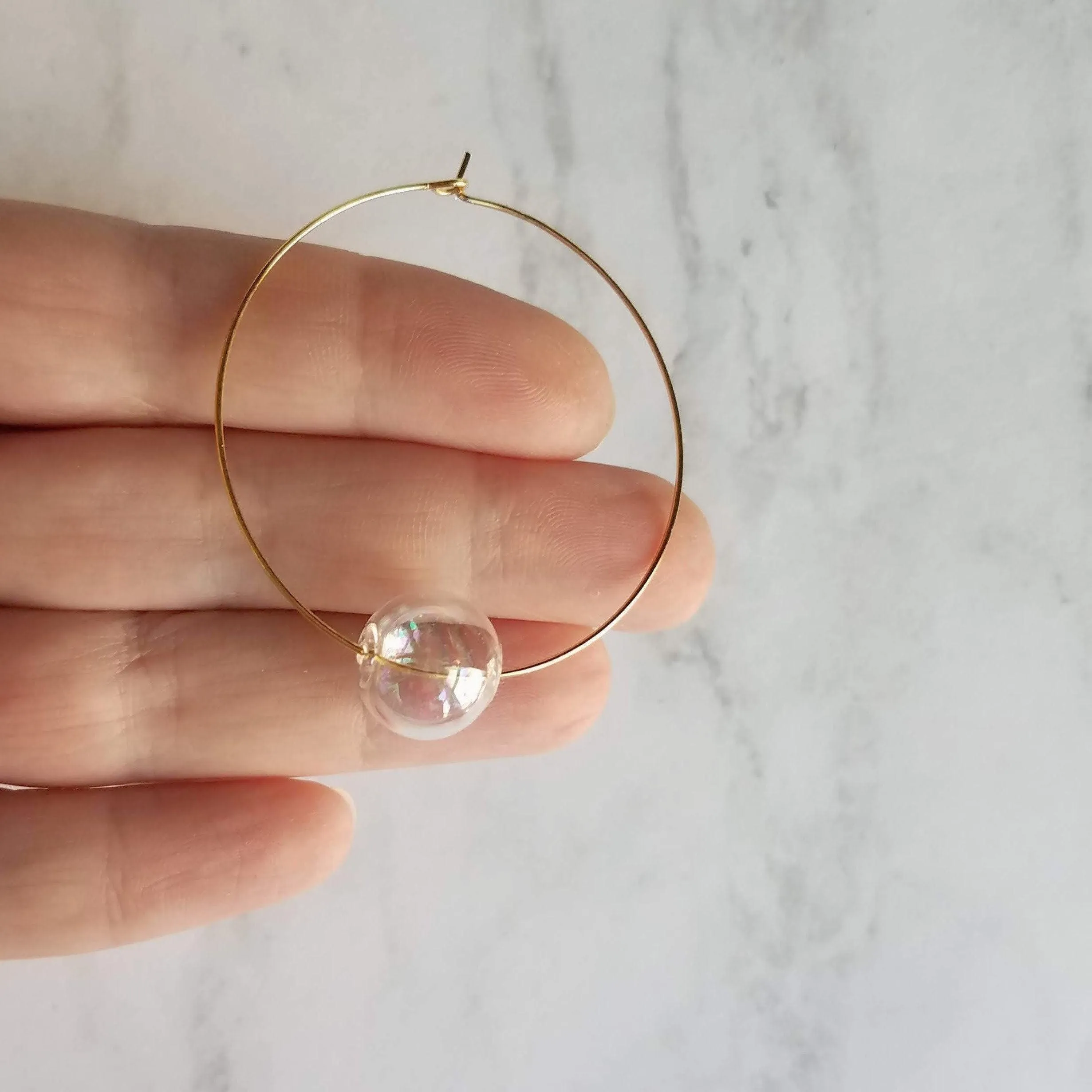 Bubble Hoop Earrings, clear bubble earring, soap earring, clear glass ball, large gold hoop earring, thin gold hoop, hollow glass ball, orb