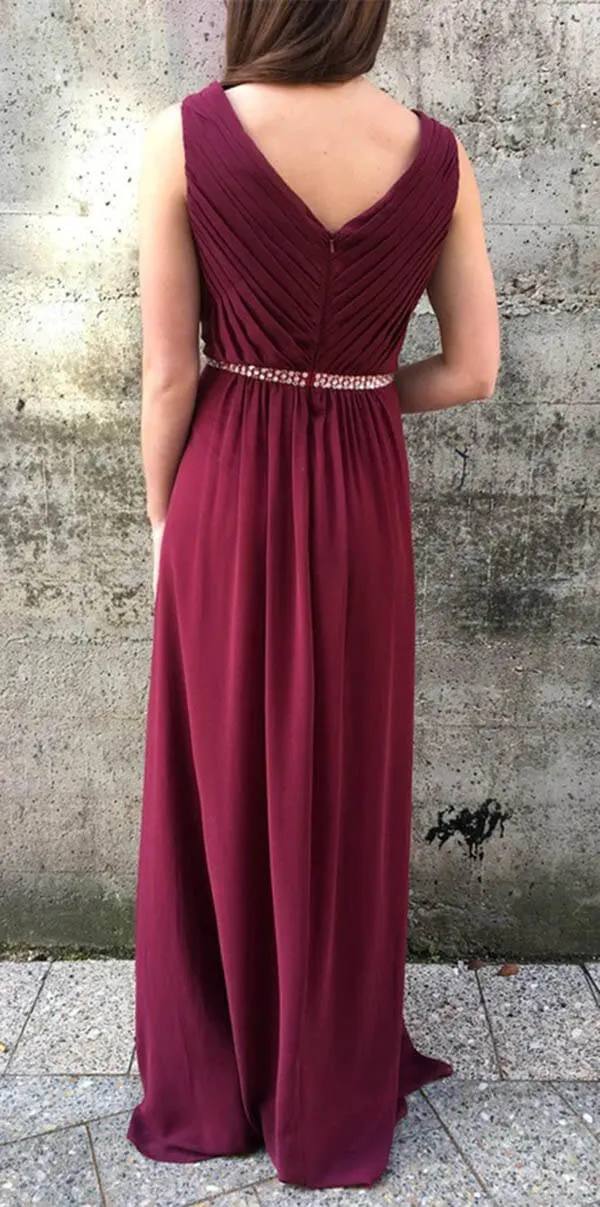 Burgundy Chiffon A-line V-neck Long Bridesmaid Dresses With Ruffles, MBD244