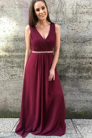 Burgundy Chiffon A-line V-neck Long Bridesmaid Dresses With Ruffles, MBD244