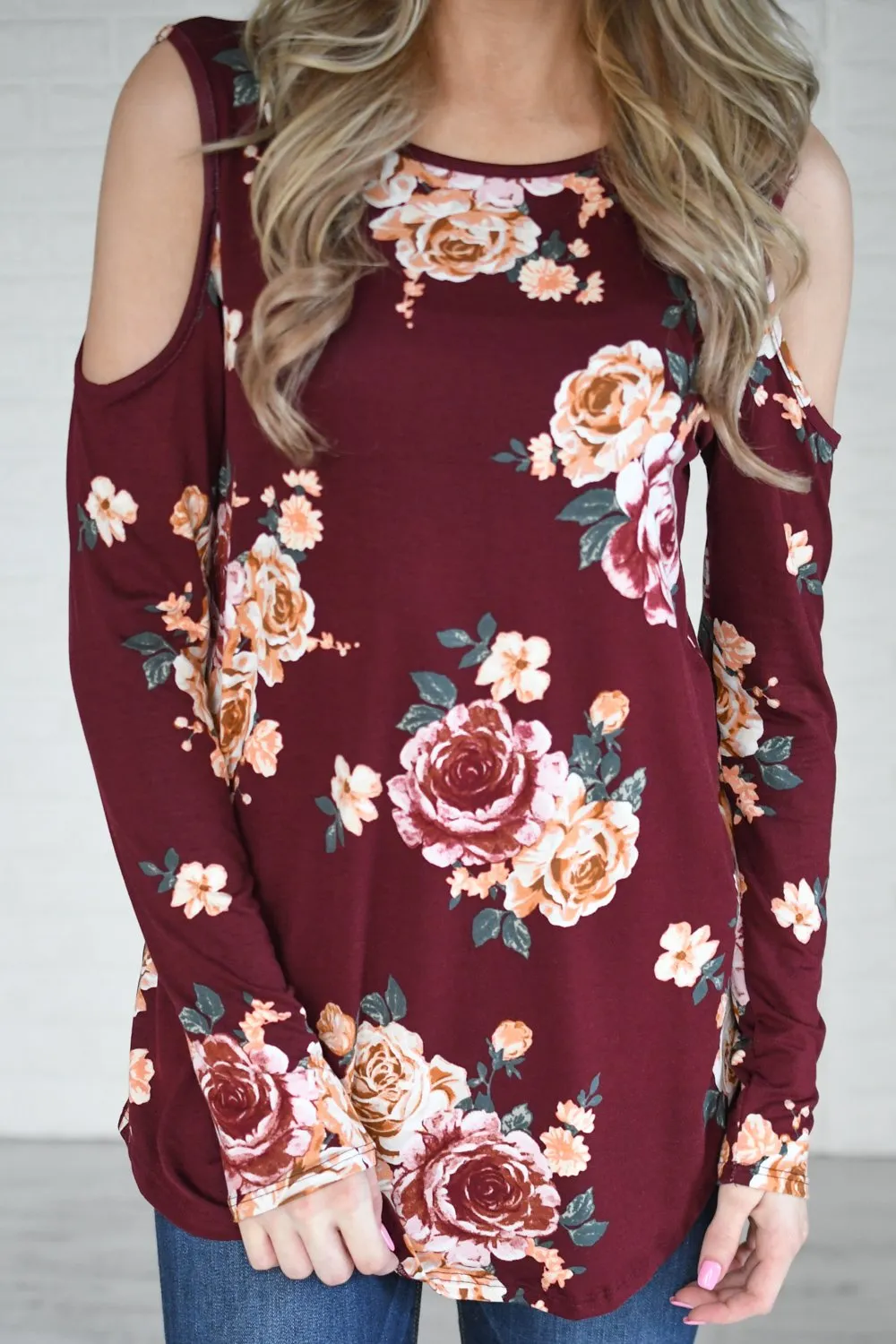 Burgundy Floral Cold Shoulder Top