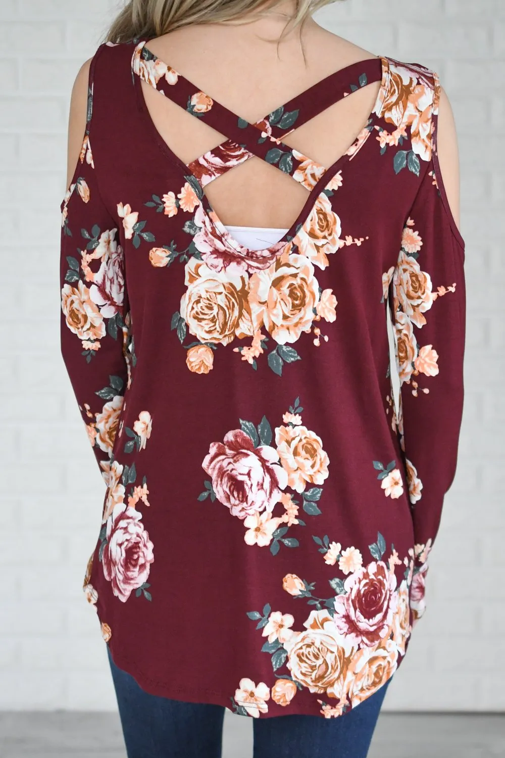 Burgundy Floral Cold Shoulder Top