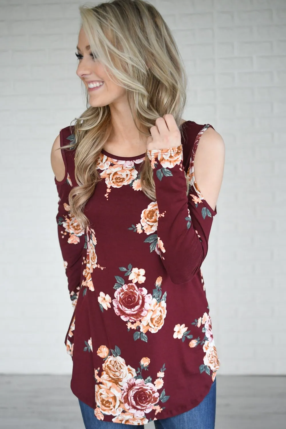 Burgundy Floral Cold Shoulder Top