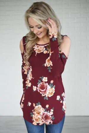 Burgundy Floral Cold Shoulder Top