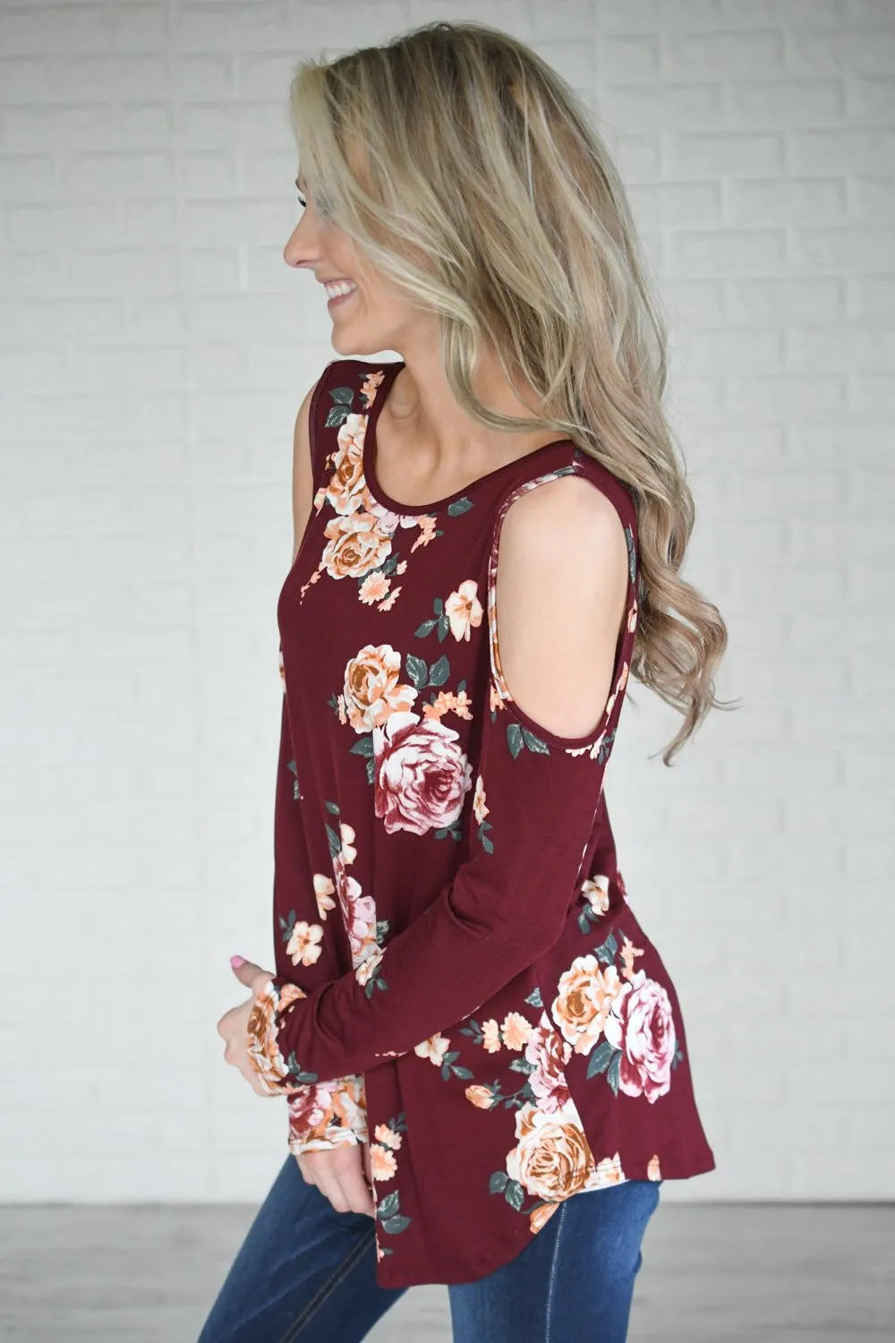 Burgundy Floral Cold Shoulder Top