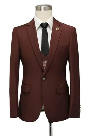 Burgundy Notched Lapel Fitted Men Marriage Suits