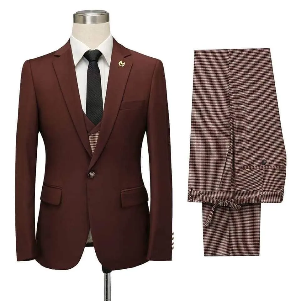 Burgundy Notched Lapel Fitted Men Marriage Suits