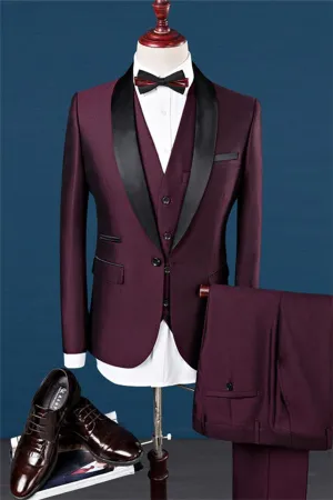 Burgundy Slim Fit Shawl Lapel Groomsmen Suit Fashion Black Trim Tuxedo Men Three-pieces Suits