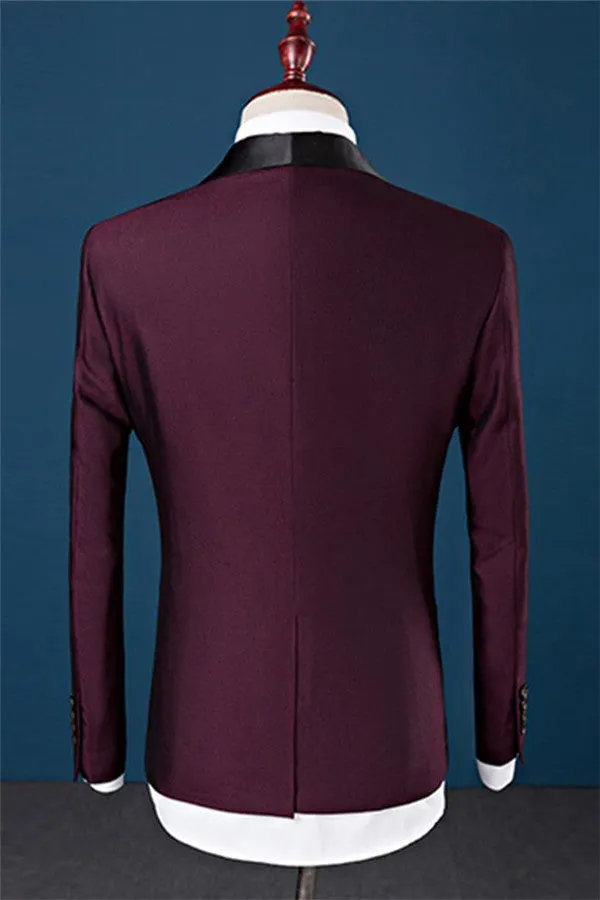 Burgundy Slim Fit Shawl Lapel Groomsmen Suit Fashion Black Trim Tuxedo Men Three-pieces Suits