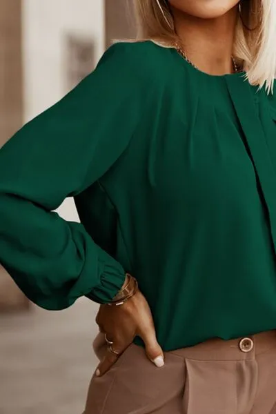 Button Up Round Neck Long Sleeve Blouse (9 Colors)