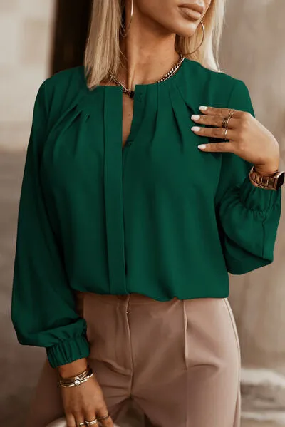 Button Up Round Neck Long Sleeve Blouse (9 Colors)
