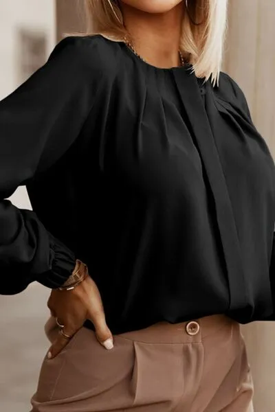 Button Up Round Neck Long Sleeve Blouse (9 Colors)