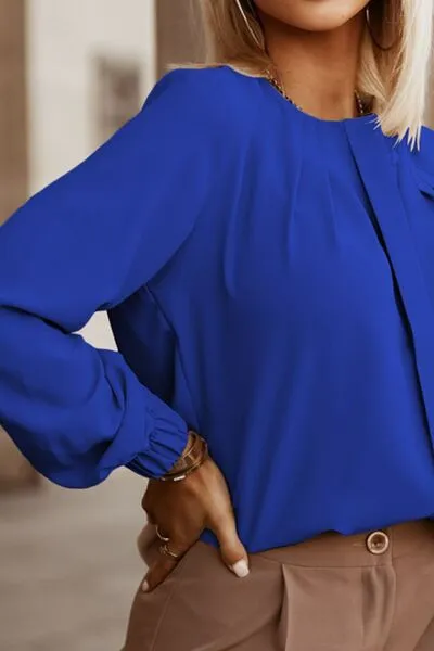 Button Up Round Neck Long Sleeve Blouse (9 Colors)