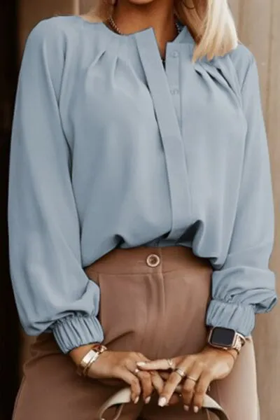 Button Up Round Neck Long Sleeve Blouse (9 Colors)