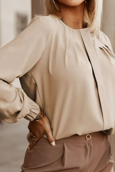 Button Up Round Neck Long Sleeve Blouse (9 Colors)