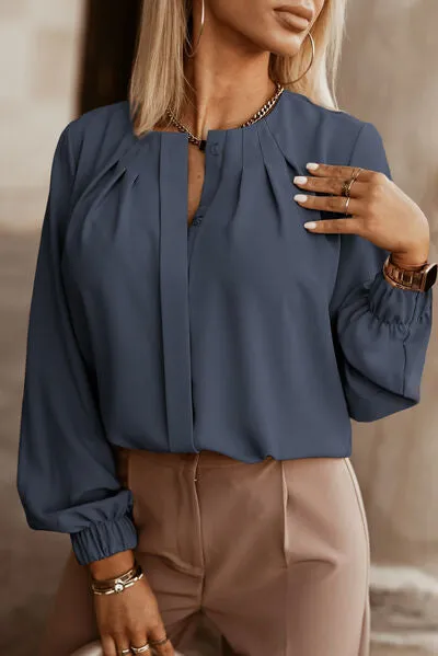 Button Up Round Neck Long Sleeve Blouse (9 Colors)