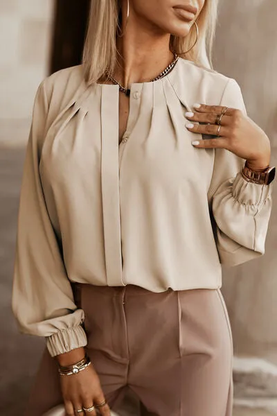 Button Up Round Neck Long Sleeve Blouse (9 Colors)