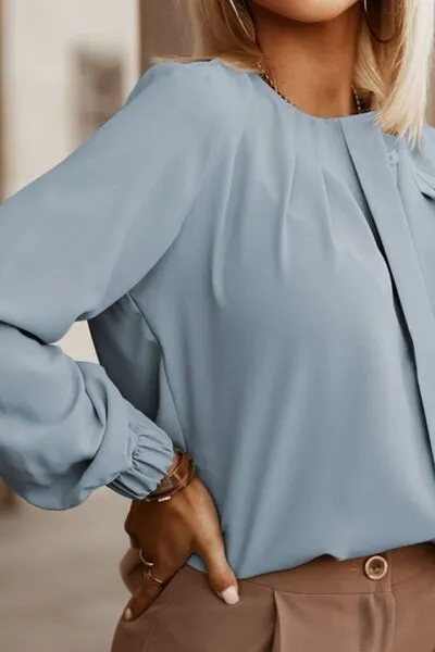 Button Up Round Neck Long Sleeve Blouse (9 Colors)