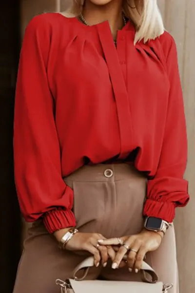 Button Up Round Neck Long Sleeve Blouse (9 Colors)