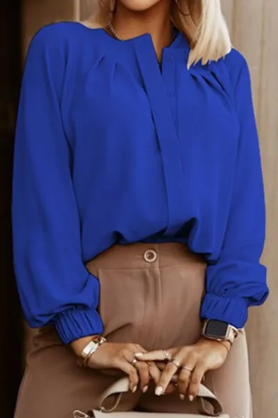 Button Up Round Neck Long Sleeve Blouse (9 Colors)