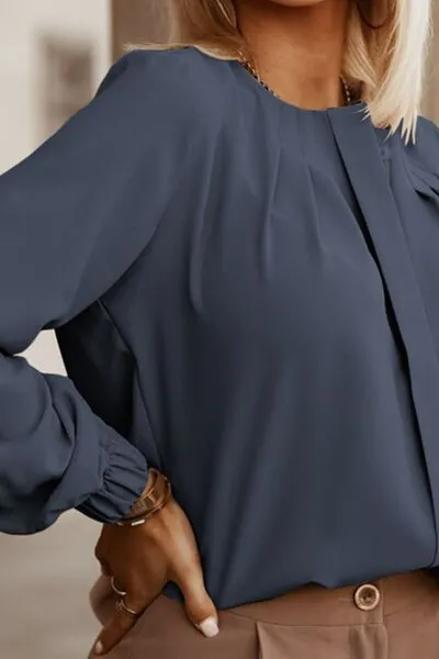 Button Up Round Neck Long Sleeve Blouse (9 Colors)