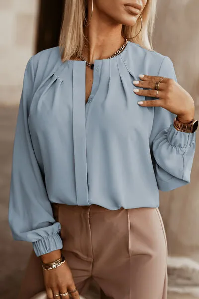 Button Up Round Neck Long Sleeve Blouse (9 Colors)