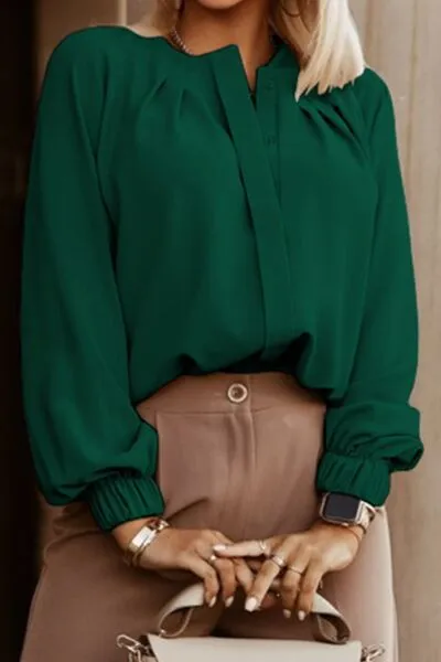 Button Up Round Neck Long Sleeve Blouse (9 Colors)