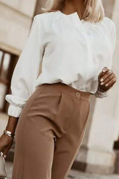 Button Up Round Neck Long Sleeve Blouse (9 Colors)