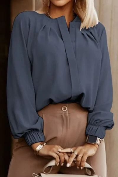 Button Up Round Neck Long Sleeve Blouse (9 Colors)