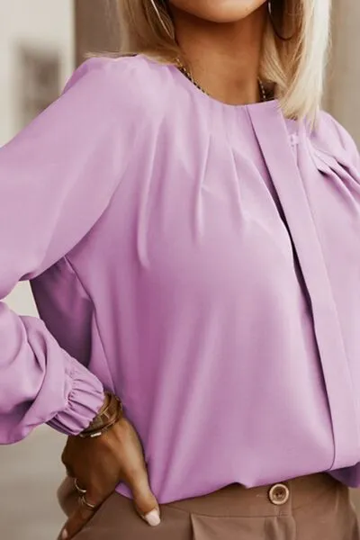 Button Up Round Neck Long Sleeve Blouse (9 Colors)