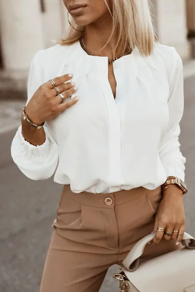 Button Up Round Neck Long Sleeve Blouse (9 Colors)