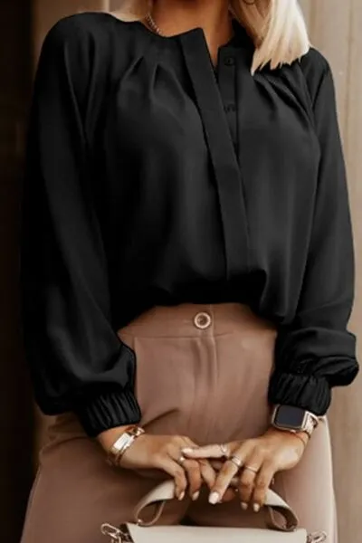Button Up Round Neck Long Sleeve Blouse (9 Colors)