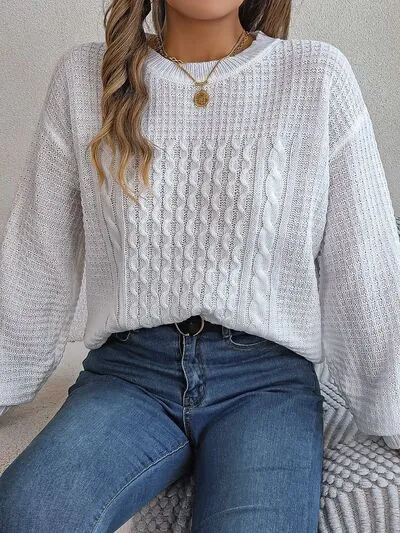 Cable-Knit Round Neck Long Sleeve Sweater (3 Colors)