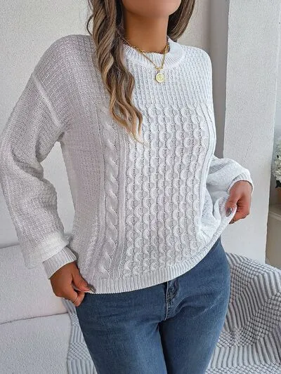 Cable-Knit Round Neck Long Sleeve Sweater (3 Colors)