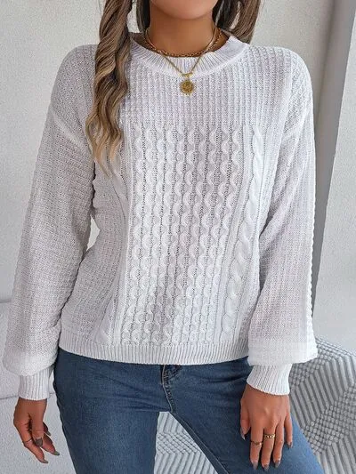 Cable-Knit Round Neck Long Sleeve Sweater (3 Colors)