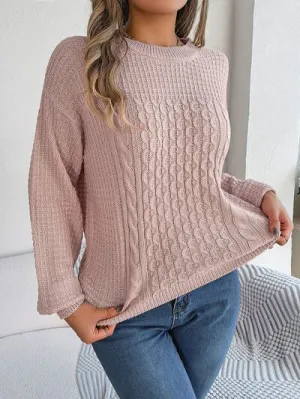 Cable-Knit Round Neck Long Sleeve Sweater (3 Colors)