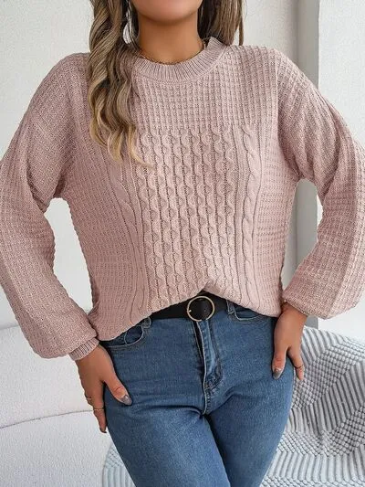 Cable-Knit Round Neck Long Sleeve Sweater (3 Colors)