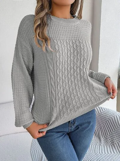 Cable-Knit Round Neck Long Sleeve Sweater (3 Colors)