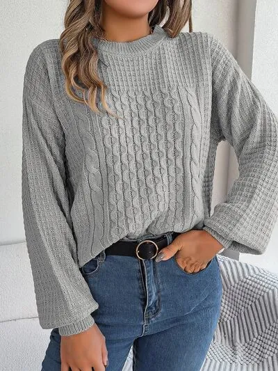 Cable-Knit Round Neck Long Sleeve Sweater (3 Colors)