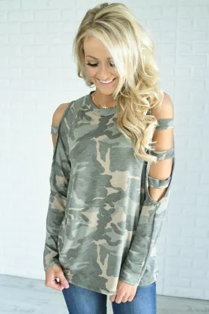 Camo Cold Shoulder Top