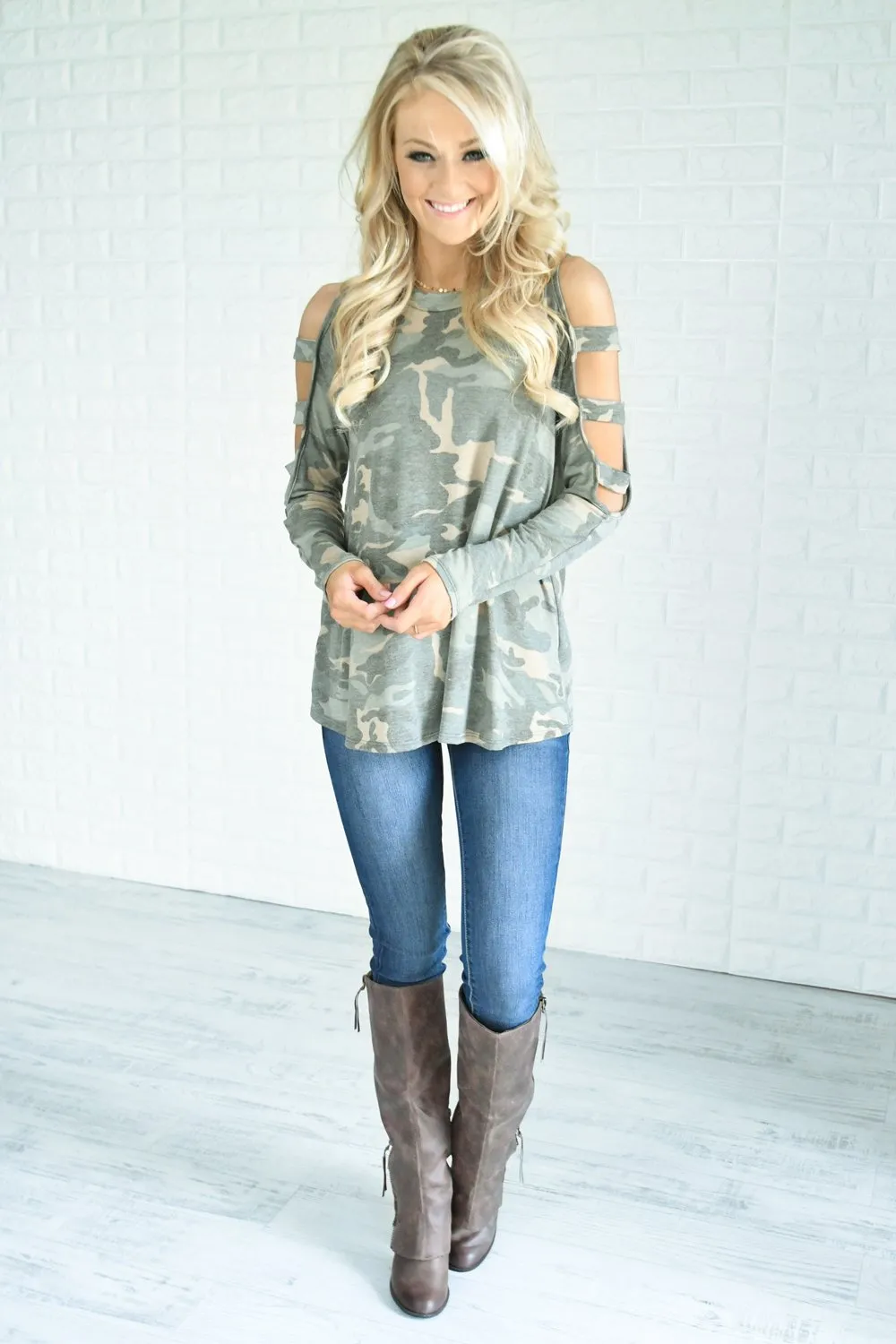 Camo Cold Shoulder Top