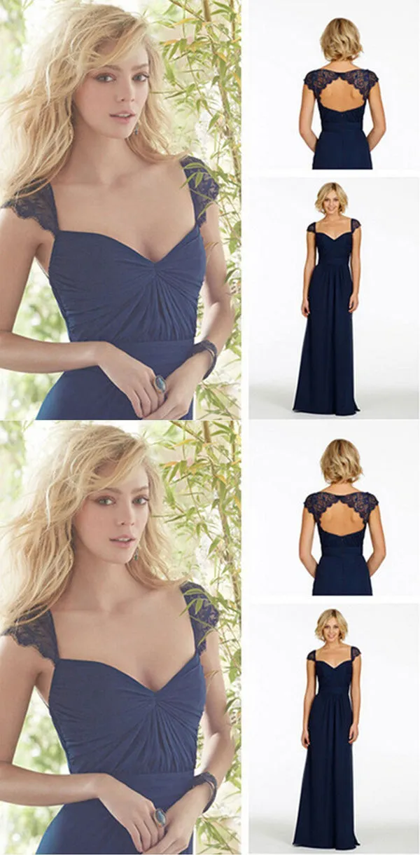 Cap Sleeve Open Back Lace Sweet Heart Chiffon Navy Blue Formal Cheap Bridesmaid Dresses, WG43
