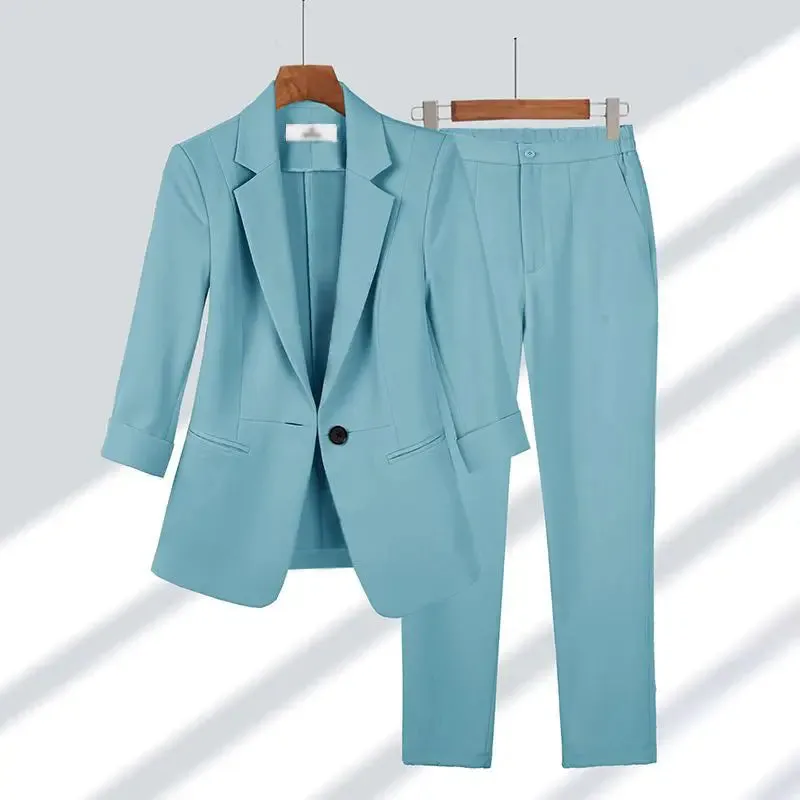 Casual Office Two Piece Set Thin Jacket Blazer & Wide Leg Pants