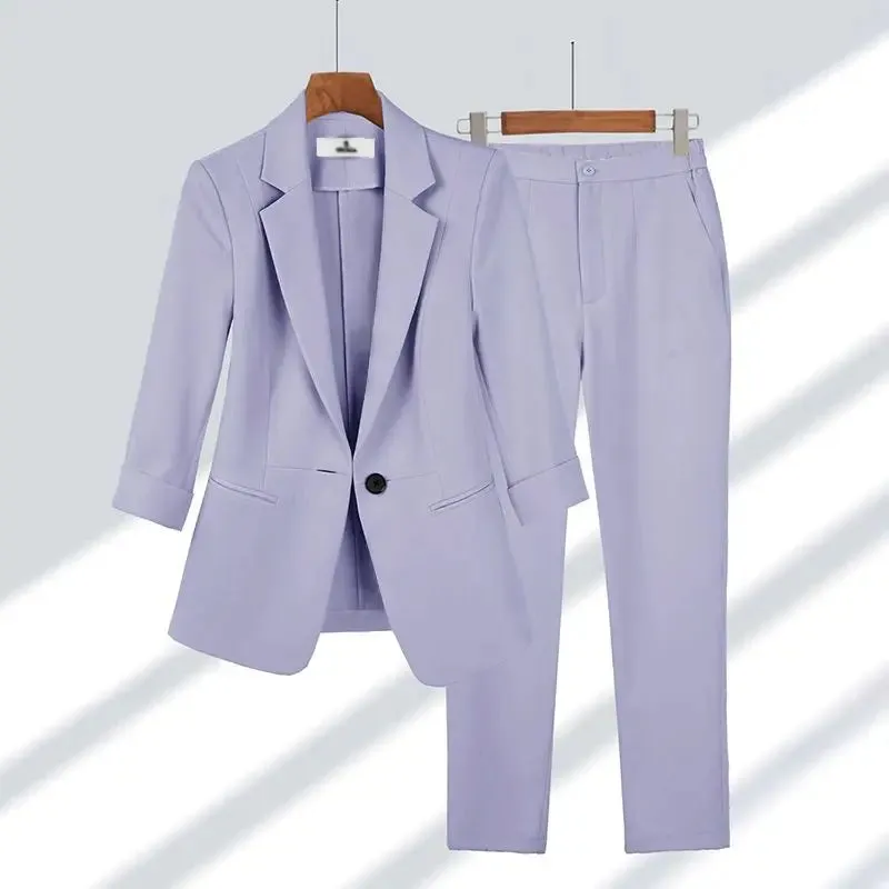 Casual Office Two Piece Set Thin Jacket Blazer & Wide Leg Pants
