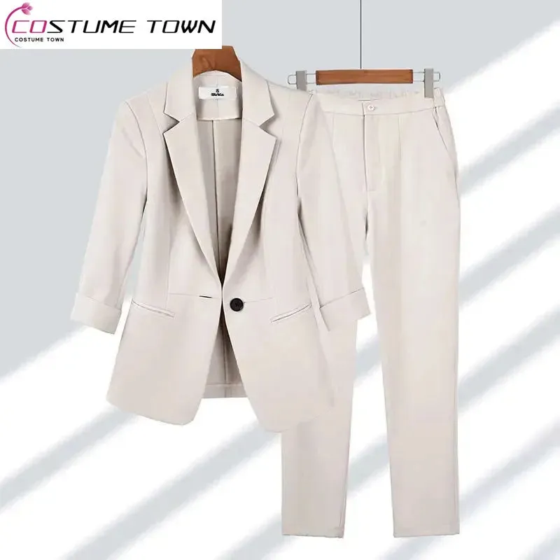 Casual Office Two Piece Set Thin Jacket Blazer & Wide Leg Pants